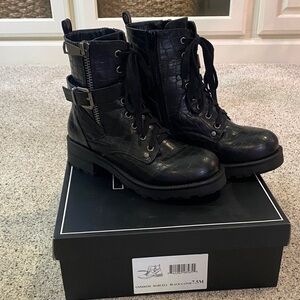 Mia Black Croc-Embossed Combat Boots
